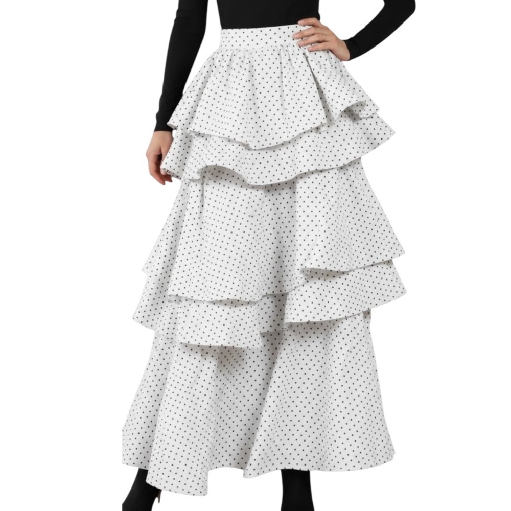 NWT Buru Teagan Tiered Skirt WHITE w/BLACK SWISS DOTS Party Cocktail SIZE S